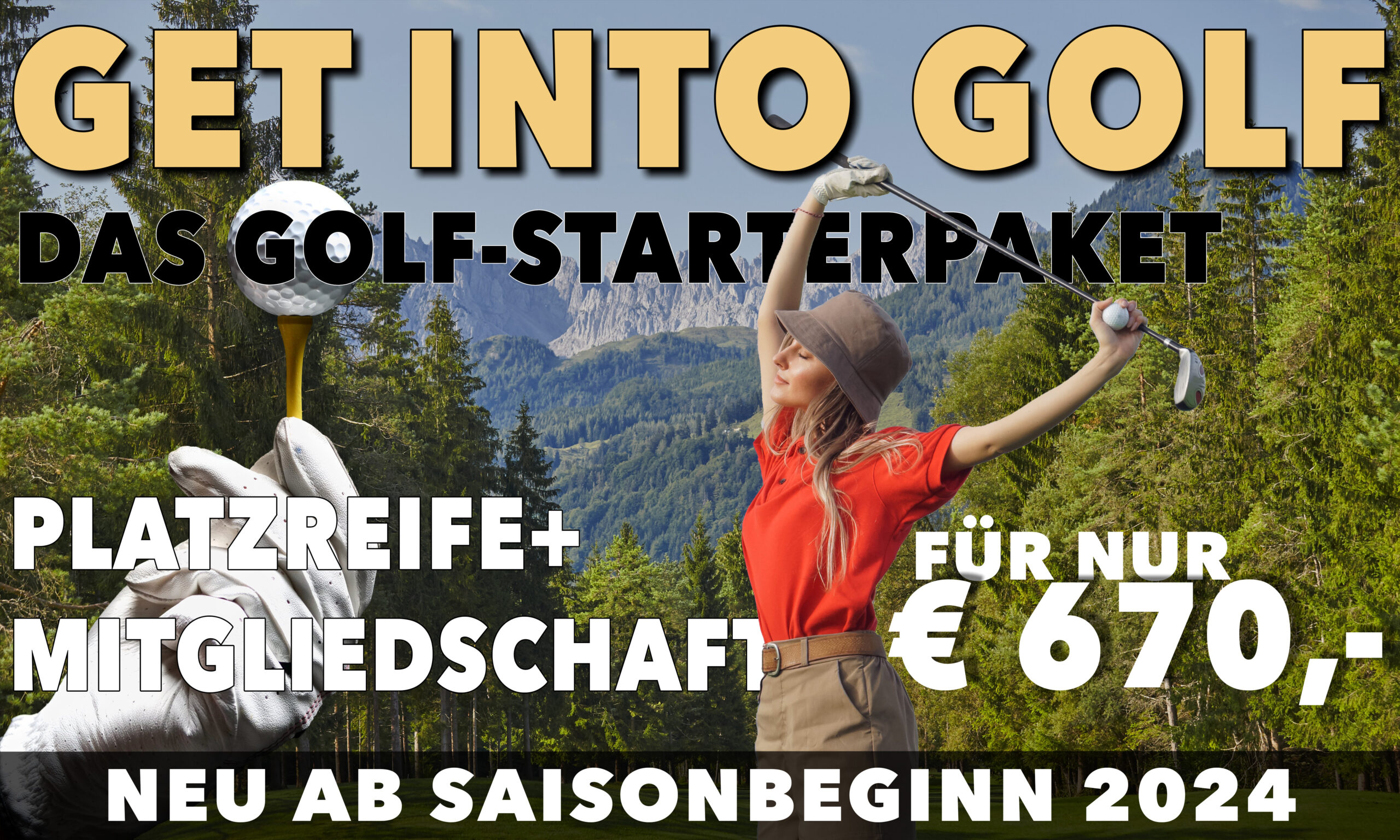 Get Into Golf, Das Golf-Starterpaket, Golferin vor Bergen auf GC Kaiserwinkl Golf Kössen - Lärchenhof, Golfball, Golfschläger, Platzreife und Mitgliedschaft für nur 670 Euro